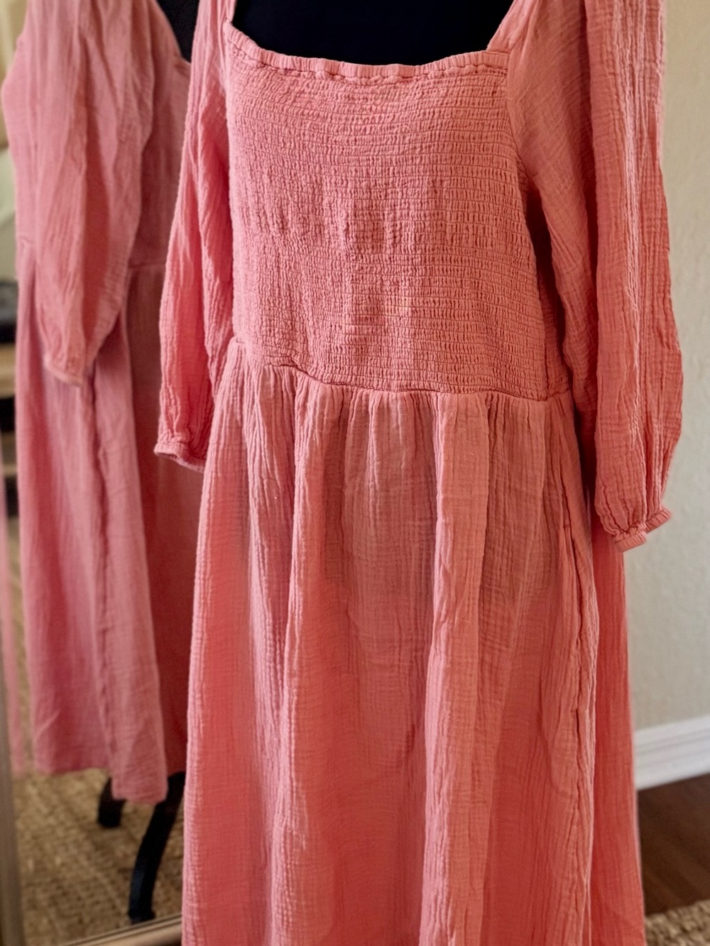 Beach Lunch lounge Coral 100% Cotton  Gauze balloon sleeve Pink flowy Dress - Picture 2 of 5